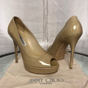 JIMMY CHOO Patent Leather Peep-toe Pumps, Sz 7.5